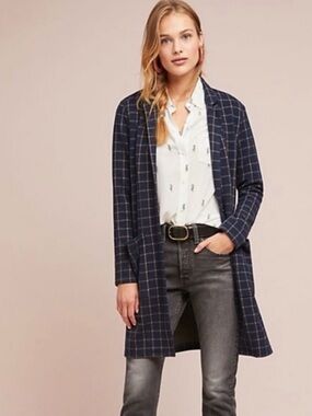 ANTHROPOLOGIE HARLYN Large Office Career Preppy Long Checkered Sweater Blazer